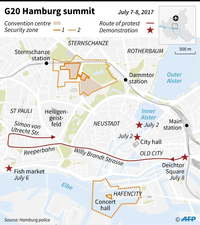 Map of central Hamburg locating the G20 summit on July 7-8