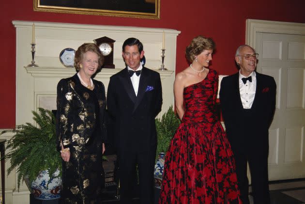 Prince Charles and Princess Diana attending a dinner at 10 Downing Street with Prime Minister Margaret Thatcher and her husband Denis, 1989. (Photo: Princess Diana Archive via Getty Images)