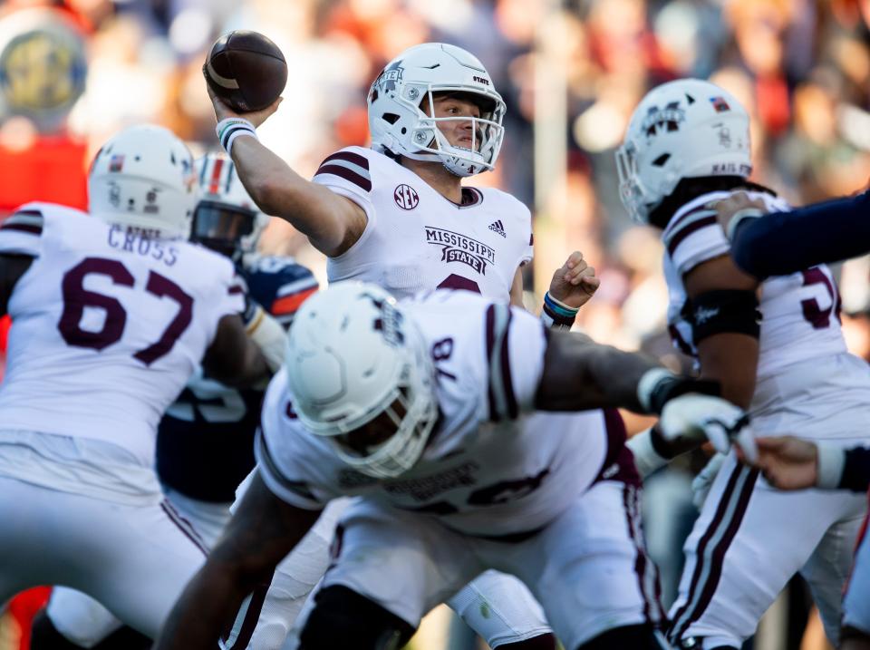 Mississippi State quarterback Will Rogers (2) passes against the Auburn Tigers during Saturday's game.