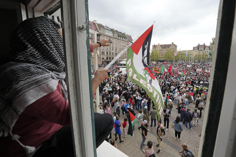 Pro-Palestinian demonstrators gather for a protest against the participation of Israeli contestant Eden Golan ahead of the final of the Eurovision Song Contest in Malmo, Sweden, Saturday, May 11, 2024. Israeli contestant Eden Golan has become a focus for protests by pro-Palestinian demonstrators who want Israel kicked out of Eurovision over the war with Hamas, which has killed almost 35,000 people in Gaza. (AP Photo/Martin Meissner)