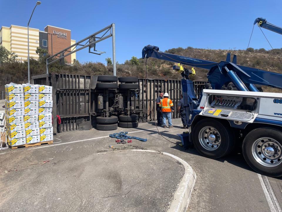 A semitrailer hauling a load of bananas overturned on an onramp in Moorpark, closing it for hours on Friday.