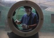 FILE - In this April 12, 2021, file photo, a health worker collects nasal swab samples at a COVID-19 testing center in Hyderabad, India. The picture is still grim in parts of Europe and Asia as variants of the virus fuel an increase in new cases and the worldwide death toll closes in on 3 million. (AP Photo/Mahesh Kumar A., File)