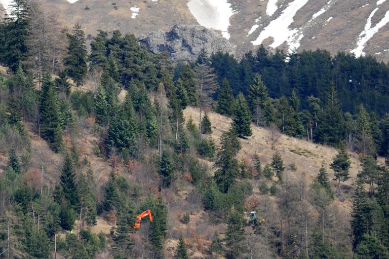 Machines work to make a path up to the crash site on March 29, 2015 in Seyne-les-Alpes