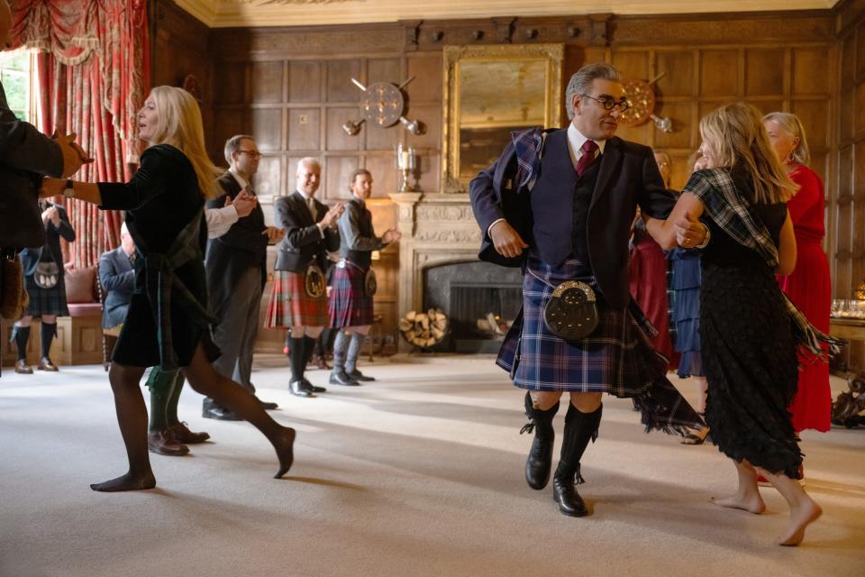 Eugene Levy dons a "kosher" kilt in Scotland as he learns about his family's ancestry in Apple TV+'s "The Reluctant Traveler."