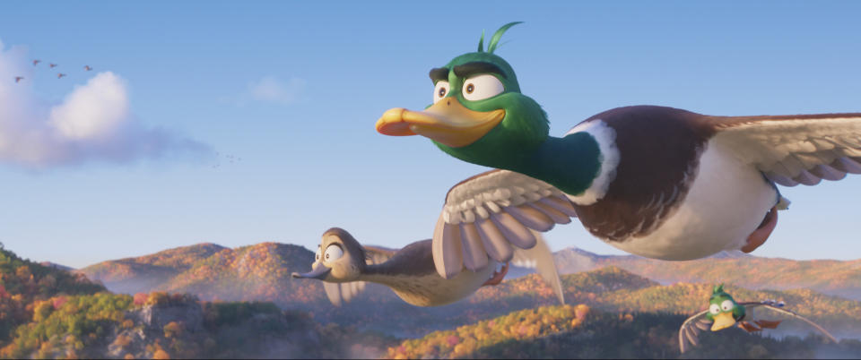 This image released by Illumination Entertainment & Universal Pictures shows, from left, Pam, voiced by Elizabeth Banks, Mack, voiced by Kumail Nanjiani and Dax, voiced by Caspar Jennings in a scene from "Migration." (Illumination Entertainment & Universal Pictures via AP)