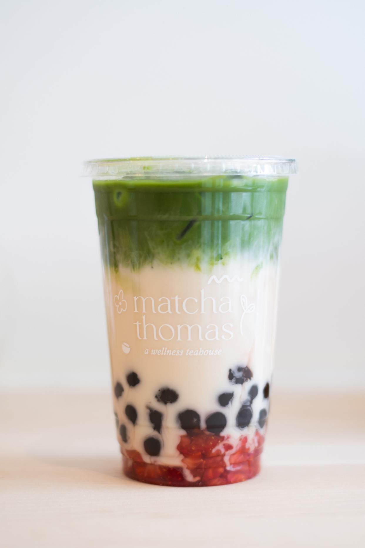 Matcha Thomas's strawberry matcha boba, a spring and summer seasonal beverage, located at 179 Main St. in Beacon.