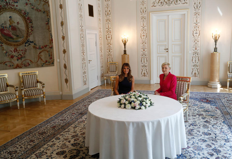 <p>First Lady Melania Trump, left, smiles during a meeting with Poland’s First Lady Agata Kornhauser-Dudain Warsaw, Poland, Thursday, July 6, 2017.(Photo: Petr David Josek/AP) </p>