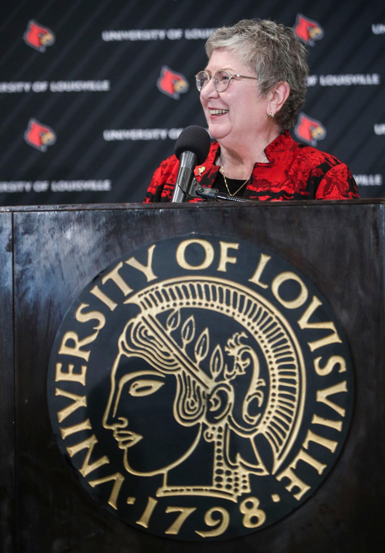 New UofL President Kim Schatze speaks to the media and UofL administration after she was named as the 19th President for the University of Louisville. Schatzel is the second woman to lead the school. Nov. 30, 2022