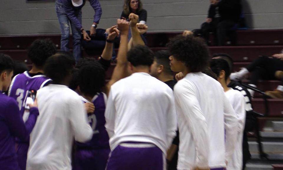 Mission Oak celebrates a win over top-seed Fresno Christian in the Central Section Division IV quarterfinal game on Thursday, Feb. 15, 2024.