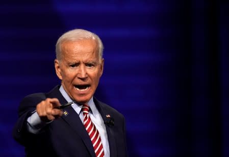 Democratic 2020 U.S. presidential candidate and former Vice President Joe Biden reacts during a televised townhall on CNN dedicated to LGBTQ issues in Los Angeles, California