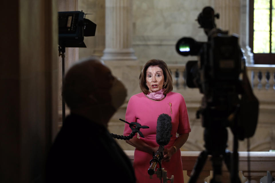 House Speaker Nancy Pelosi of Calif., speaks during an interview with The Associated Press on Capitol Hill in Washington, Wednesday, May 13, 2020. (AP Photo/Patrick Semansky)