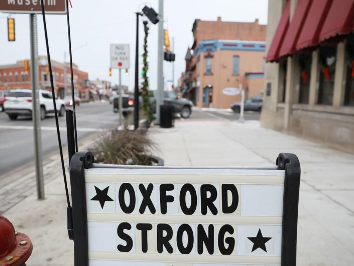 Oxford Strong signs are popping up in and around downtown Oxford, Mich. to show his support for the community after the school shooting at the school on Dec. 1, 2021. 