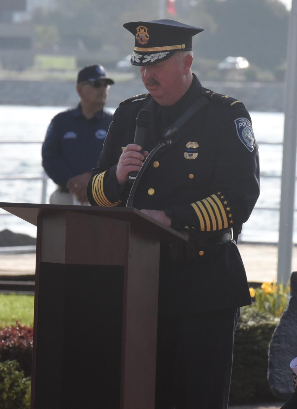 Port Huron Police Chief Joseph Platzer speaks to guests at the 9/11 memorial in Port Huron on Sept. 11, 2023.