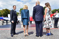 <p>French President Emmanuel Macron (L), President Donald Trump, Macron’s wife Brigitte Macron and First Lady Melania Trump attend the traditional Bastille Day military parade on the Champs-Elysees avenue in Paris, France, July 14, 2017. (Photo: Christophe Archambault/Pool/Reuters) </p>