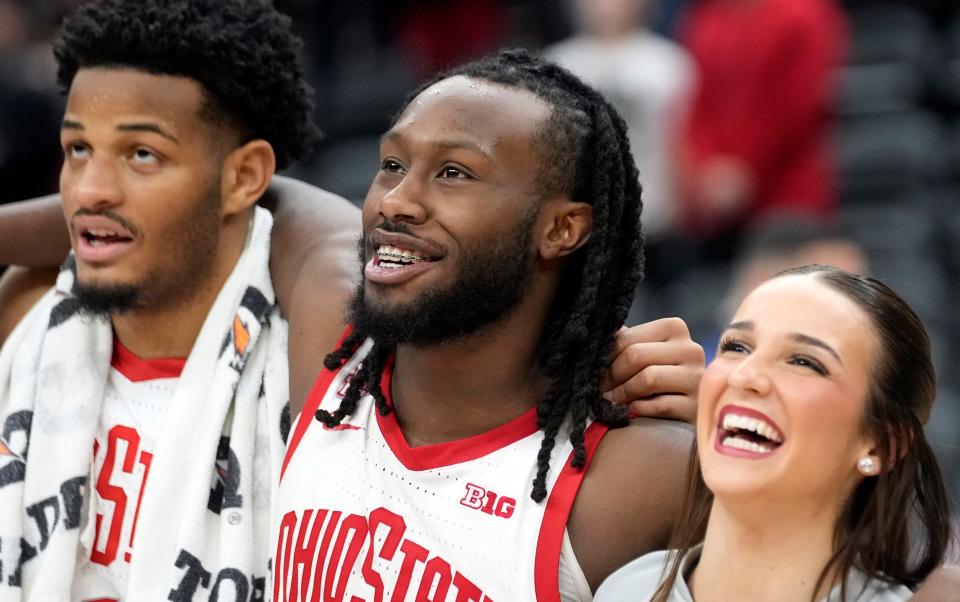 Nov 29, 2023; Columbus, OH, USA; Ohio State Buckeyes guard Bruce Thornton (2) sings Carmen Ohio following their win over Central Michigan.