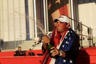 <p>Patrick Reed of the United States celebrates during the closing ceremony of the 2016 Ryder Cup at Hazeltine National Golf Club on October 2, 2016 in Chaska, Minnesota. (Photo by Mike Ehrmann/PGA of America via Getty Images)</p>