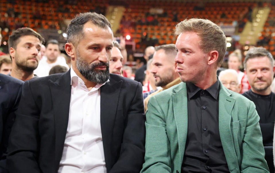 MUNICH, GERMANY - OCTOBER 15: Hasan Salihamidzic Sporting director of FC Bayern Muenchen  and Coach Julian Nagelsmann of Bayern Muenchen  during the annual general meeting of football club FC Bayern Muenchen at Audi Dome on October 15, 2022 in Munich, Germany. (Photo by Stefan Matzke - sampics/Corbis via Getty Images)