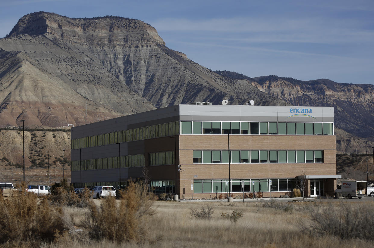 Encana offices Parachute, Colorado, December 10, 2014. The economy of Parachute, with a current population of approximately 1000 people, was devastated when thousands of workers lost their jobs on "Black Sunday" in 1982, after Exxon terminated the Colony Shale Oil Project. The current rise of hydraulic fracking in natural gas retrieval has given a cautious hope to the town's inhabitants, who know that market demand brings both boom and bust. Picture taken December 10, 2014.  REUTERS/Jim Urquhart (UNITED STATES  - Tags: ENERGY BUSINESS)  