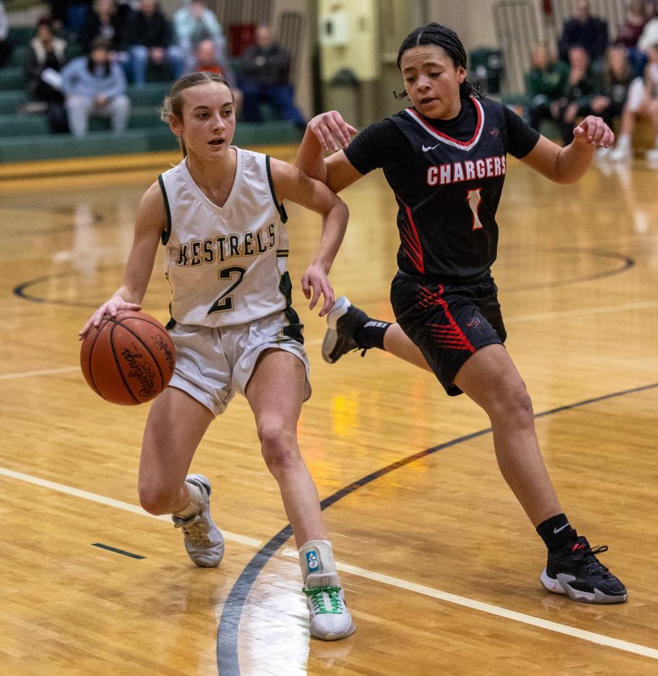 Bella LaFountain of St. Mary Catholic Central looks for an opening during a 43-34 win over Livonia Churchill Wednesday night.