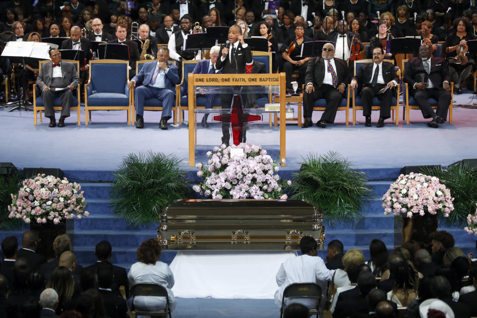 Rev. Al Sharpton speaks during the funeral service for Aretha Franklin at Greater Grace Temple, Friday, Aug. 31, 2018, in Detroit. Franklin died Aug. 16, 2018 of pancreatic cancer at the age of 76. (AP Photo/Paul Sancya)