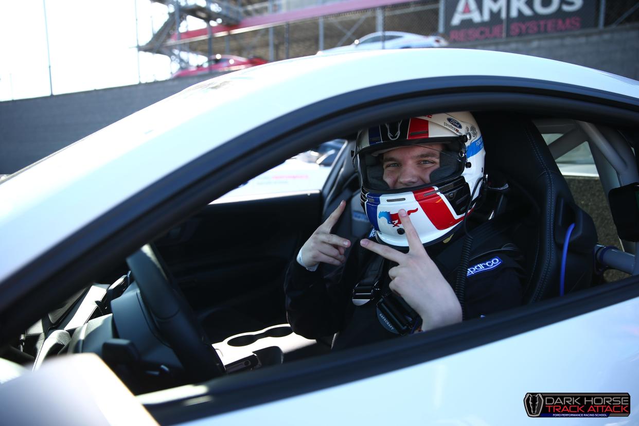 Joseph Tegerdine, 18, of Springville, Utah, is seen at the Ford Performance Racing School in Charlotte, North Carolina, in April 2024. He is preparing to drive a 2024 Ford Mustang Dark Horse, an experience gifted by Ford CEO Jim Farley.