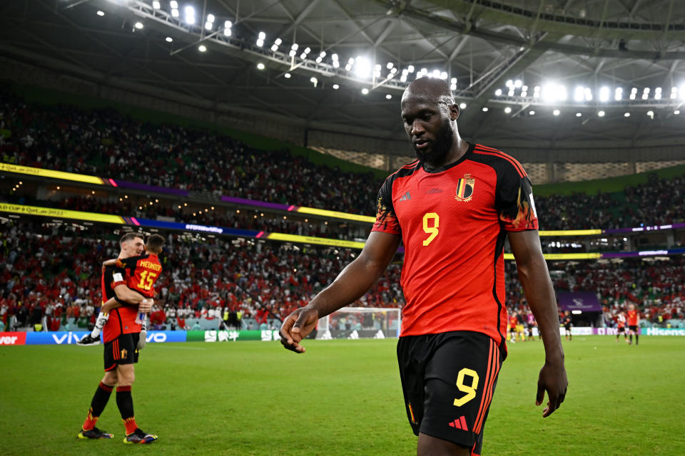 DOHA, QATAR - NOVEMBER 27: Romelu Lukaku of Belgium reacts after the 0-2 loss during the FIFA World Cup Qatar 2022 Group F match between Belgium and Morocco at Al Thumama Stadium on November 27, 2022 in Doha, Qatar. (Photo by Michael Regan - FIFA/FIFA via Getty Images)