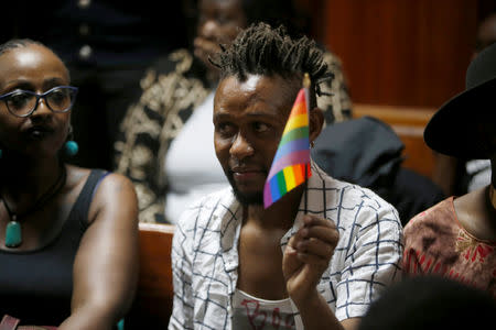 An LGBT activist holds the rainbow flag during a court hearing in the Milimani high Court in Nairobi in Nairobi, Kenya. February 22, 2019. REUTERS/Baz Ratner