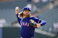 Texas Rangers pitcher Jon Gray throws during the second inning of a baseball game against the Detroit Tigers, Tuesday, April 16, 2024, in Detroit. (AP Photo/Carlos Osorio)