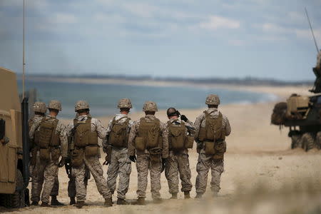 NATO soldiers attend a NATO military exercise at Raposa beach, near Setubal, Portugal October 20, 2015. REUTERS/Rafael Marchante