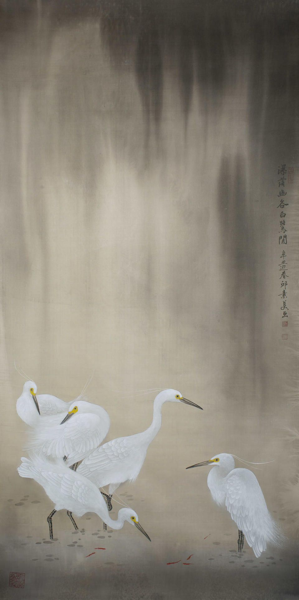 〈瀑落幽谷白鷺閒〉65 ×133cm