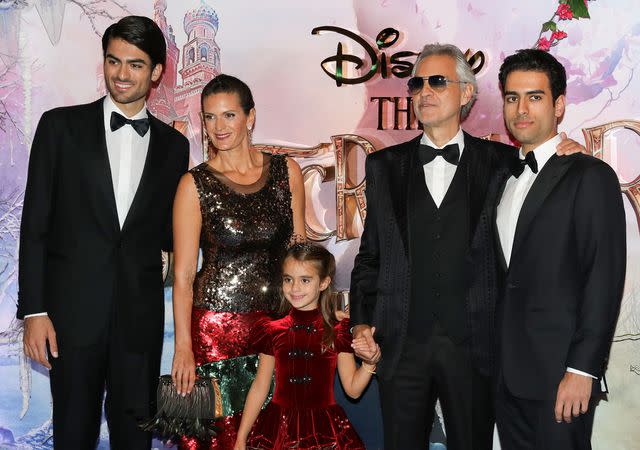 <p>Tristan Fewings/Getty</p> Andrea Bocelli with his family in 2018.