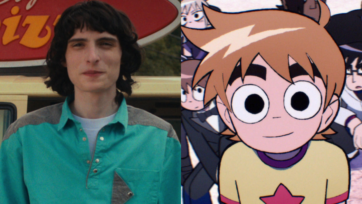  Finn Wolfhard in Stranger Things 4, and Scott Pilgrim from Scott Pilgrim Takes Off, pictured side by side. 