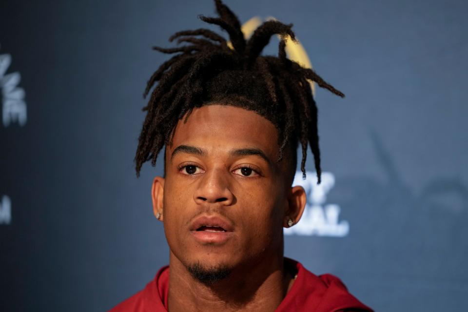 Alabama wide receiver Isaiah Bond speaks to reporters during a press conference on Thursday, Dec. 28, 2023, in Los Angeles.