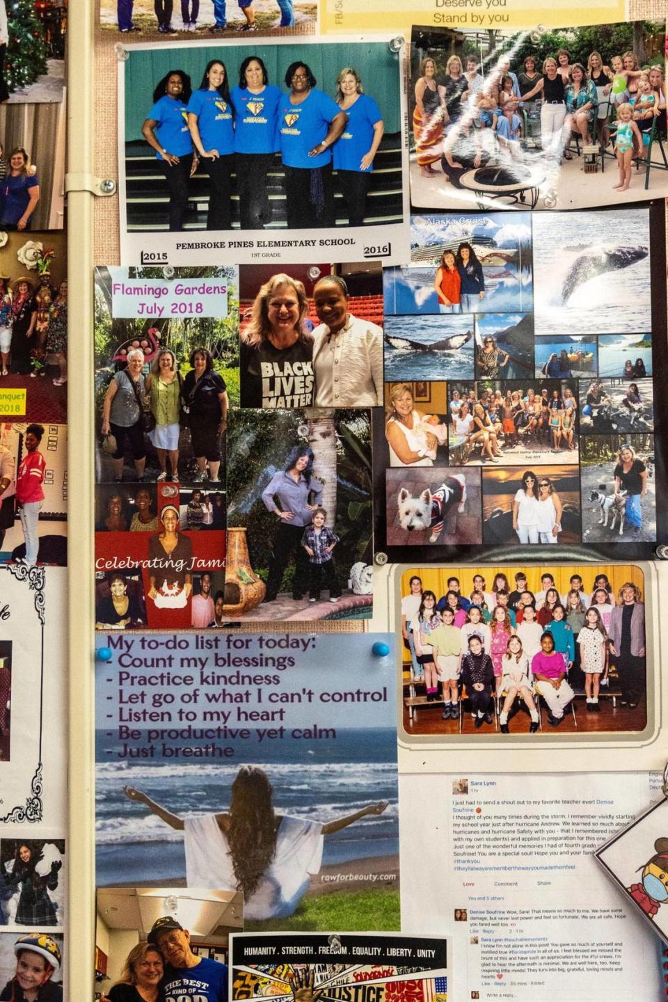 A wall filled with photos of former students and friends inside Denise Soufrine’s classroom.