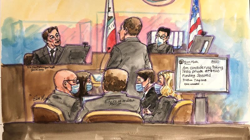 Tesla CEO Elon Musk is questioned during a securities-fraud trial at federal court in San Francisco