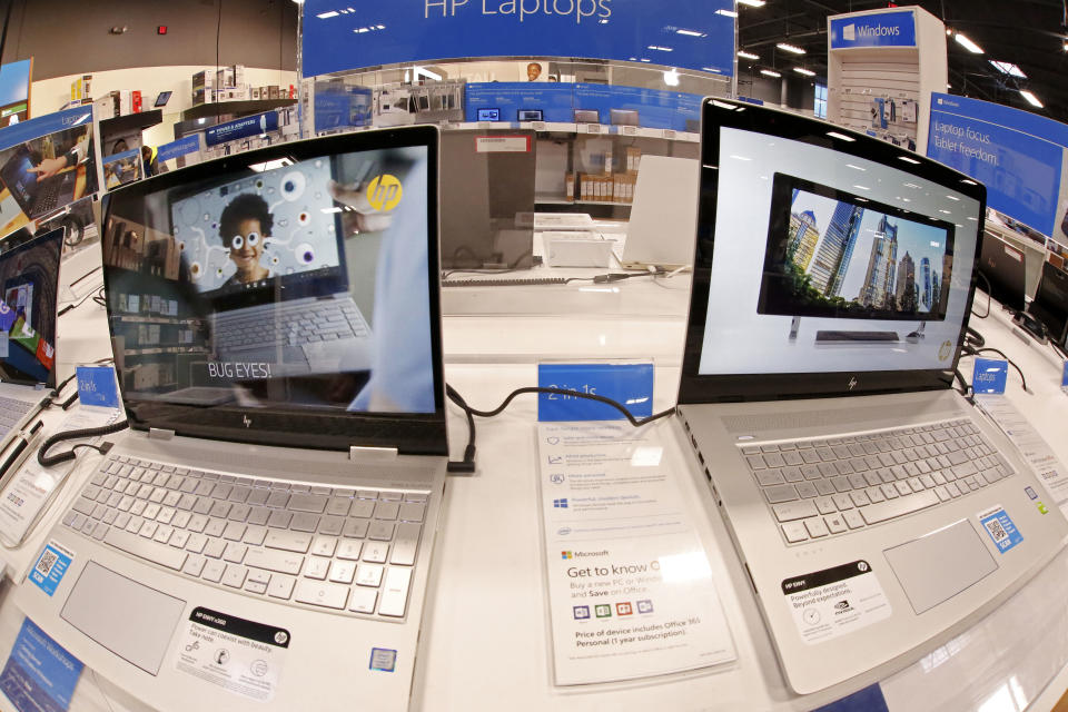 Display of Hewlett-Packard laptop computers in a Best Buy store in Pittsburgh. (AP Photo/Gene J. Puskar)