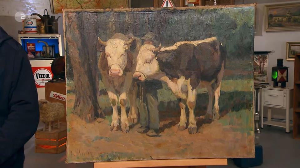 Das Ölgemälde "Kühe" könnte von Johann Daniel Holz um 1900 gemalt worden sein. Sicher ließ es sich dem Künstler jedoch nicht zuschreiben, deshalb lag der Schätzwert bei 350 bis 500 Euro. (Bild: ZDF)