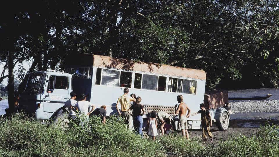 Tim and Meryl were embarking on a 16-week camping trip across South America in this van. Tim's on the right of this photo, wearing overalls. - Meryl Rivett