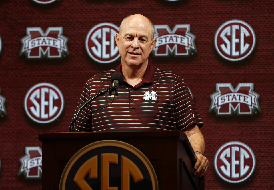 Mississippi State head coach Ben Howland speaks during the Southeastern Conference NCAA college basketball media day, Wednesday, Oct. 16, 2019, in Birmingham, Ala. (AP Photo/Butch Dill)