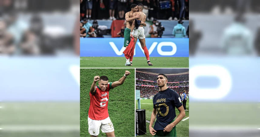 法國與摩洛哥的賽事中，最終由法國取得世足賽決賽門票，賽後法國隊的姆巴佩，與他的「摩洛哥好友」哈基米互換球衣，彼此擁抱打氣。（圖／翻攝推特）