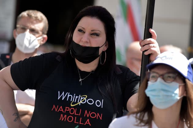 ROME, ITALY - MAY 27: Workers of the multinational Whirlpool wear T-shirts with the words 'Napoli non Molla' during the demonstration in Rome against the redundancies and the closure of the Naples plant, on May 27, 2021 in Rome, Italy. (Photo by Simona Granati - Corbis/Corbis via Getty Images) (Photo: Simona Granati - Corbis via Getty Images)