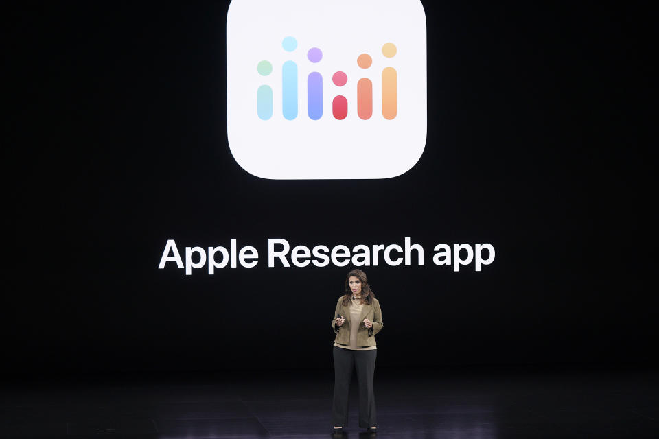 Sumbul Desai, MD, Apple's vice president of Health talks about new features on the Apple watch during an event to announce new products Tuesday, Sept. 10, 2019, in Cupertino, Calif. (AP Photo/Tony Avelar)