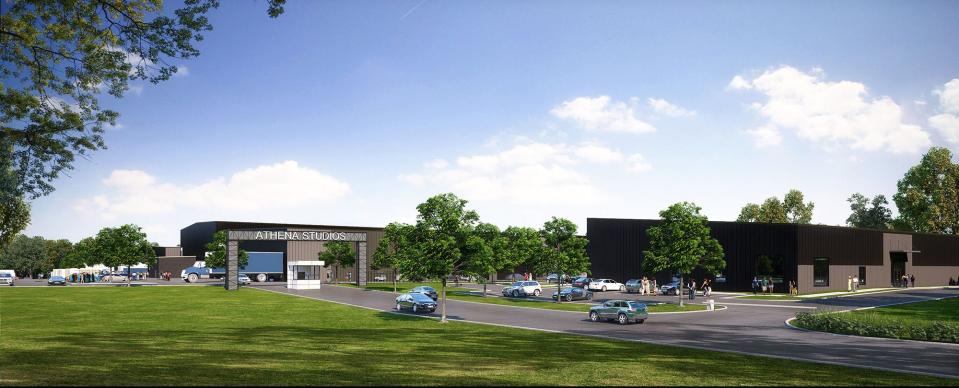 This artist's rendering provided by Talking Dog advertising and public relations agency shows the entrance of Athena Studios, a 350,000-square-foot movie and television production facility that broke ground on Nov. 16, 2021, at 900 Athena Drive in Athens, Ga.