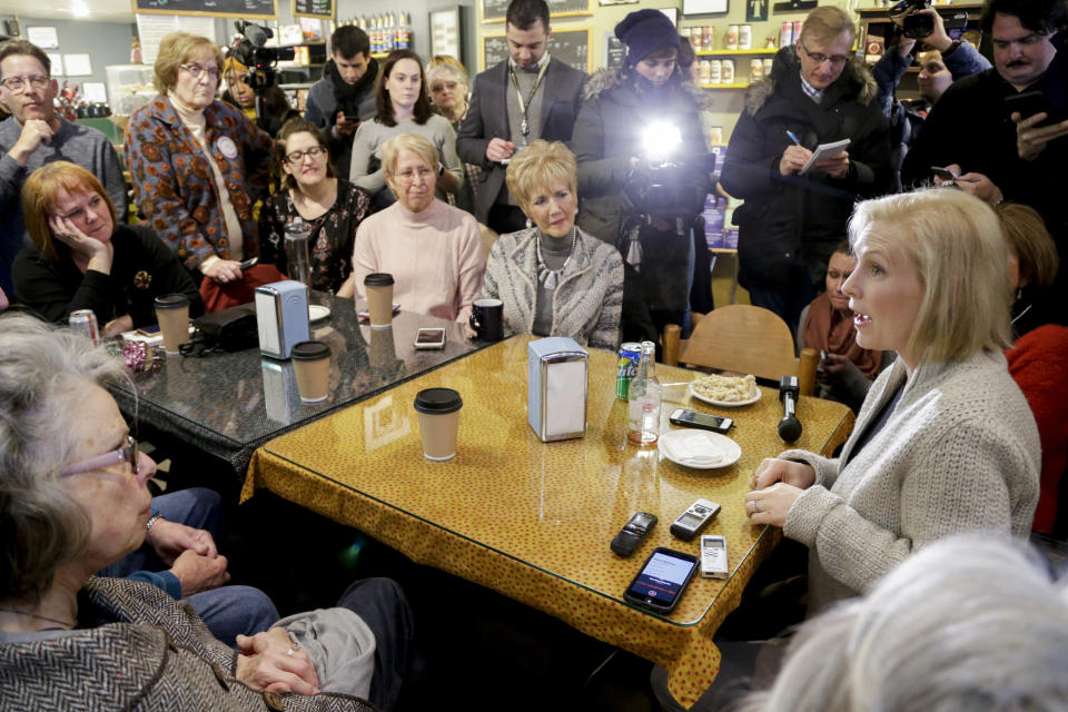 Senator Kirsten Gillibrand, D-N.Y., meets with residents at the Pierce Street Coffee Works cafe', in Sioux City, Iowa, Friday, Jan. 18, 2019. Sen. Gillibrand is on a weekend visit to Iowa, after announcing that she is forming an exploratory committee to run for President of the United States in 2020. (AP Photo/Nati Harnik)
