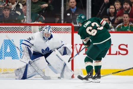 Dec 14, 2017; Saint Paul, MN, USA; Minnesota Wild forward Tyler Ennis (63) shoots in the third period against the Toronto Maple Leafs Frederik Andersen (31) at Xcel Energy Center. Mandatory Credit: Brad Rempel-USA TODAY Sports