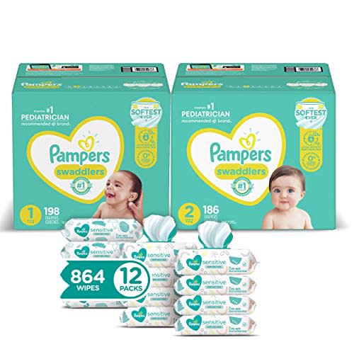 Pampers Baby Diapers and Wipes Starter Kit, Swaddlers Disposable Baby Diapers Sizes 1 (198 Count) & (186 Count) with Sensitive Water-Based Baby Wipes, 12 Pop-Top and Refill Combo Packs, 864 Count