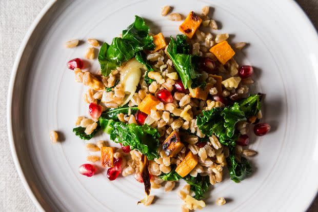 Farro Salad with Roasted Sweet Potato, Kale, and Pomegranate Seeds