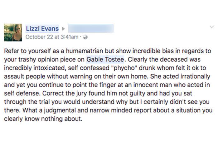 Ms Evans took to Facebook to defend Mr Tostee after the not-guilty verdict. Photo: Facebook.