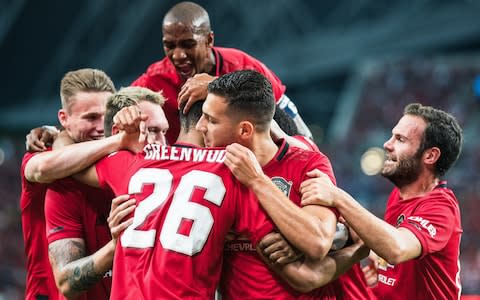 Mason Greenwood is mobbed by his team-mates after scoring - Credit: getty images