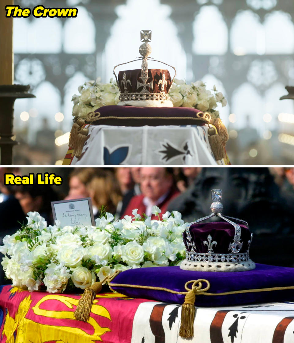 The Queen Mother's casket in real life vs. "The Crown"